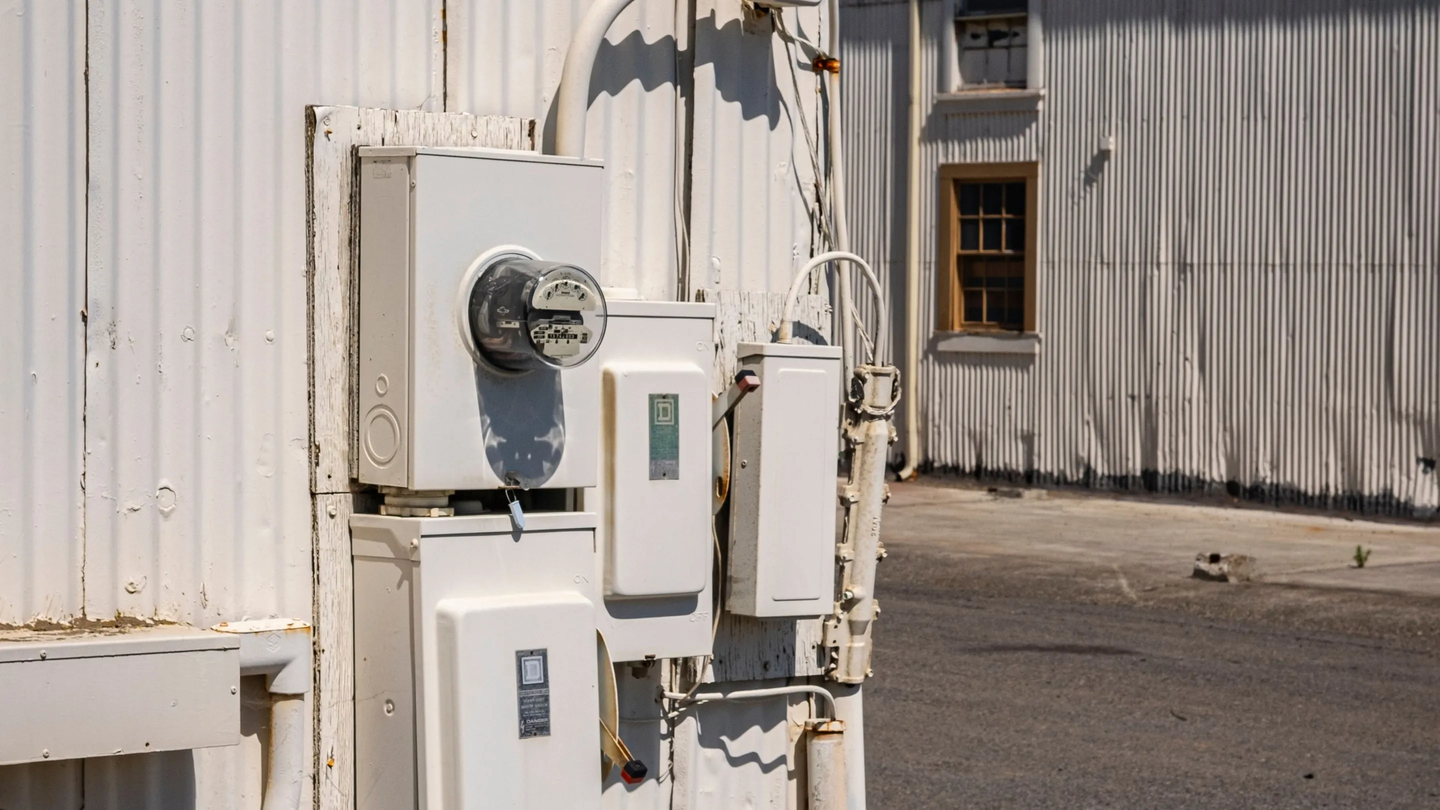 Utility electric meter and service disconnect panels mounted on the exterior wall of a commercial building