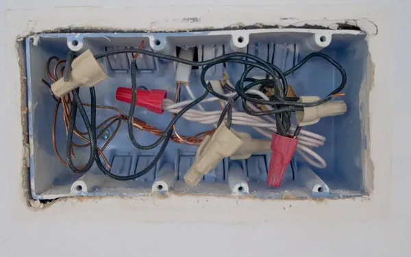 Open wall box crowded with tangled house wiring joined by red and tan wire nuts